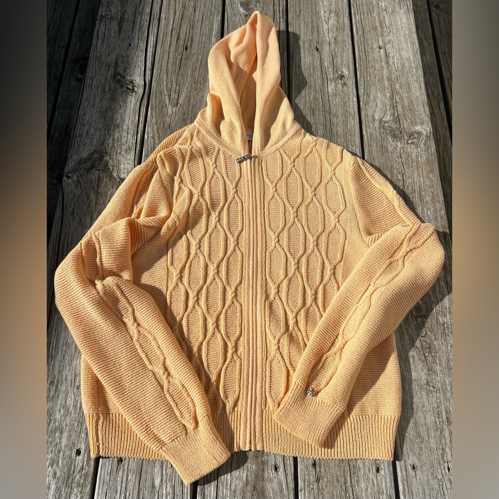 St. John Sport Cardigan Cableknit Full Zip Hooded Long Sleeve Peach, Large